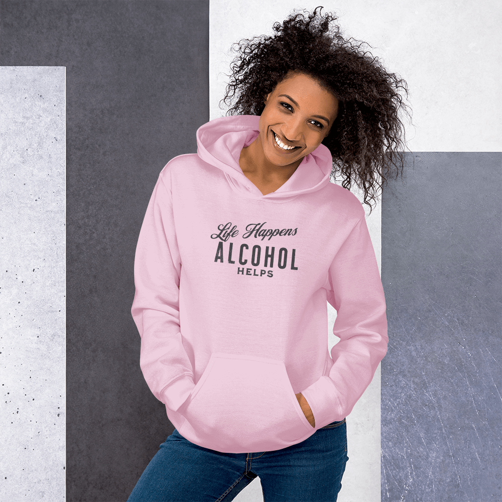 Life Happens Alcohol Helps Hoodie - Stay Cozy & Stylish Discover your new favorite hoodie - perfect for those cool evenings with a touch of humor. Soft, stylish, and humorously relatable.