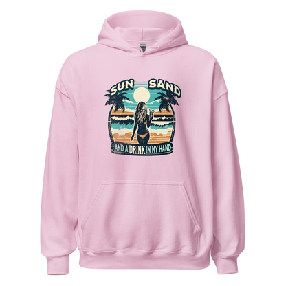 Woman enjoying a cocktail on the beach depicted on 'Sun, Sand, and a Drink in My Hand' hoodie.
