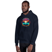 Hoodie with "Friends Don't Let Friends Drink Alone at the Lake," showing people, a lake, and a sunset.