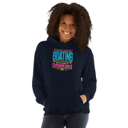 Cozy hoodie with "Weekend Forecast: Boating with a Chance of Drinking" in bright blue, pink, and green colors, perfect for chilly boating days.