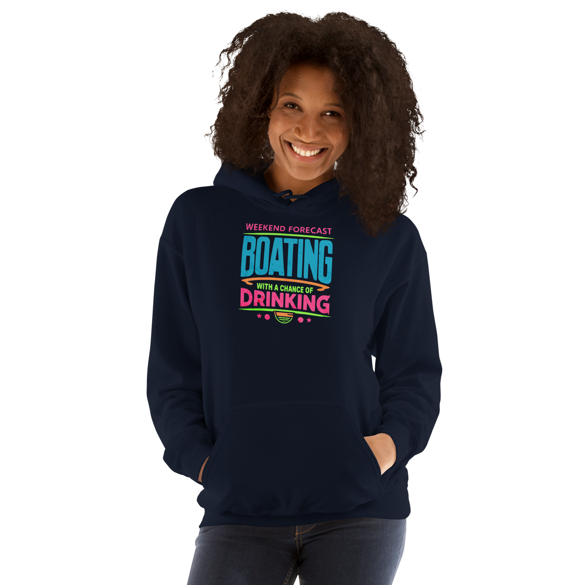 Cozy hoodie with "Weekend Forecast: Boating with a Chance of Drinking" in bright blue, pink, and green colors, perfect for chilly boating days.