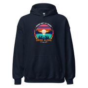 Hoodie with "Friends Don't Let Friends Drink Alone at the Lake," showing people, a lake, and a sunset.