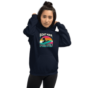 Hoodie featuring "Boar Hair Don't Care, But Where's My Drink?" with a woman on a jet ski and a retro sunset.