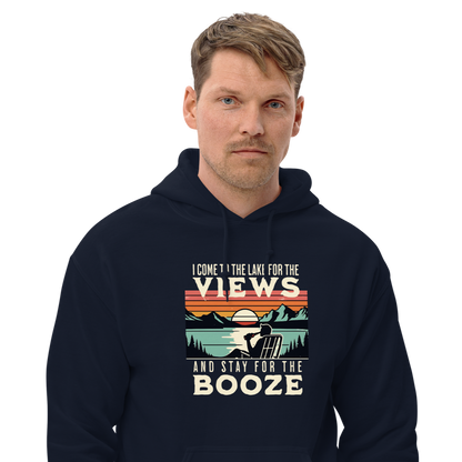 Hoodie featuring "I Come to the Lake for the Views and Stay for the Booze," with a man in a beach chair by the lake and a retro sunset.