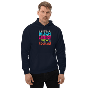 Hoodie with the phrase "Life's a Beach but I Prefer It with a Lakeside View and a Cocktail" in vibrant colors.