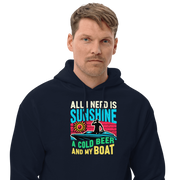 Hoodie with "All I Need Is Sunshine, a Cold Beer, and My Boat," showing a man in a boat during a retro sunset.