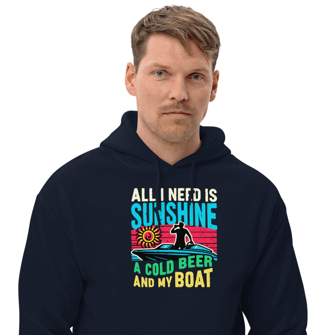 Hoodie with "All I Need Is Sunshine, a Cold Beer, and My Boat," showing a man in a boat during a retro sunset.