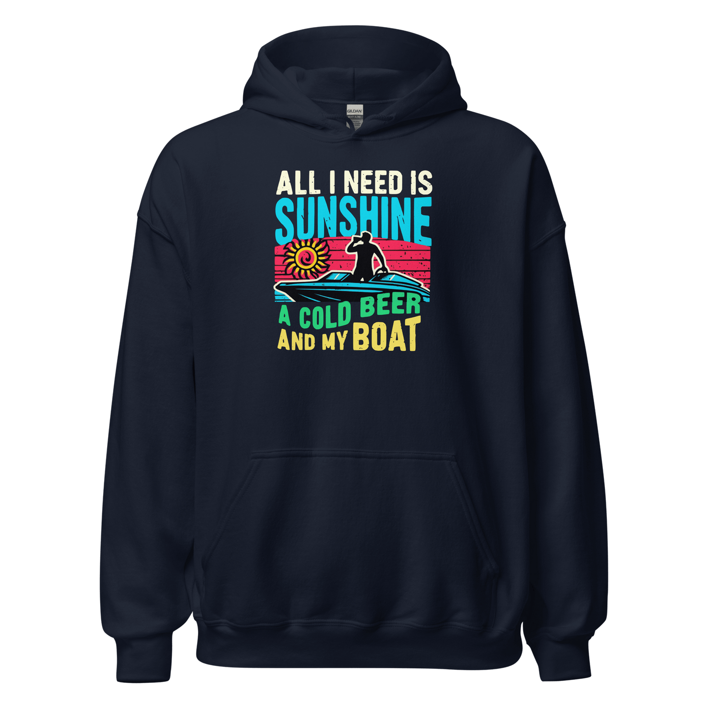 Hoodie with "All I Need Is Sunshine, a Cold Beer, and My Boat," showing a man in a boat during a retro sunset.