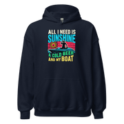 Hoodie with "All I Need Is Sunshine, a Cold Beer, and My Boat," showing a man in a boat during a retro sunset.