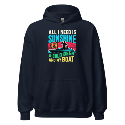 Hoodie with "All I Need Is Sunshine, a Cold Beer, and My Boat," showing a man in a boat during a retro sunset.