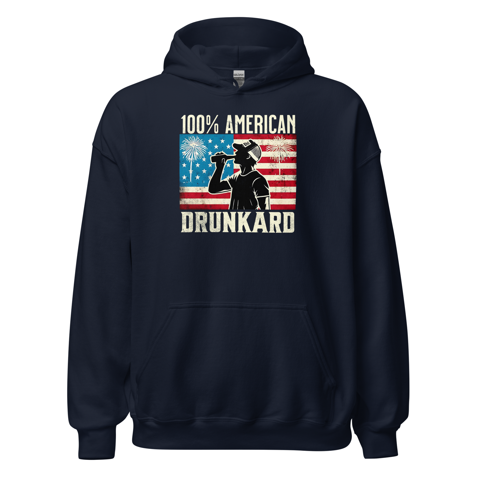 4th of July Hoodie with '100% American Drunkard' text, man drinking a bottle of beer wearing a trucker hat, and distressed American flag background