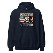 Hoodie with 'This Shirt Contains 100% American Spirit and a Splash of Bourbon' text, man drinking a glass of bourbon, and distressed American flag background