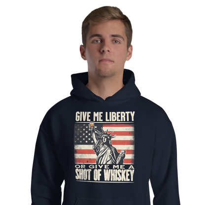 'Give Me Liberty or Give Me Whiskey' text, Statue of Liberty holding a shot glass, and distressed American flag background