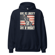 'Give Me Liberty or Give Me Whiskey' text, Statue of Liberty holding a shot glass, and distressed American flag background