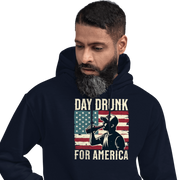 Hoodie with Day Drunk for America text, silhouette of a man drinking a bottle of beer, and distressed American flag background. Perfect for 4th of July.