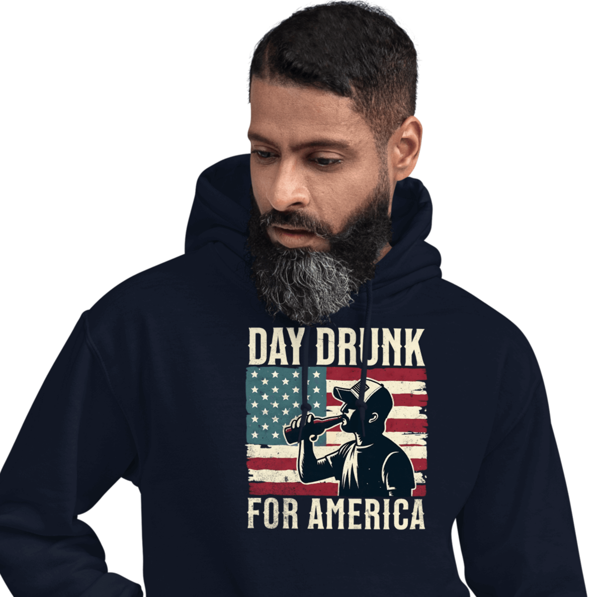 Hoodie with Day Drunk for America text, silhouette of a man drinking a bottle of beer, and distressed American flag background. Perfect for 4th of July.