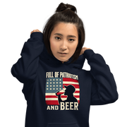 Hoodie with Full of Patriotism and Beer text and a distressed American flag background. Perfect for 4th of July.