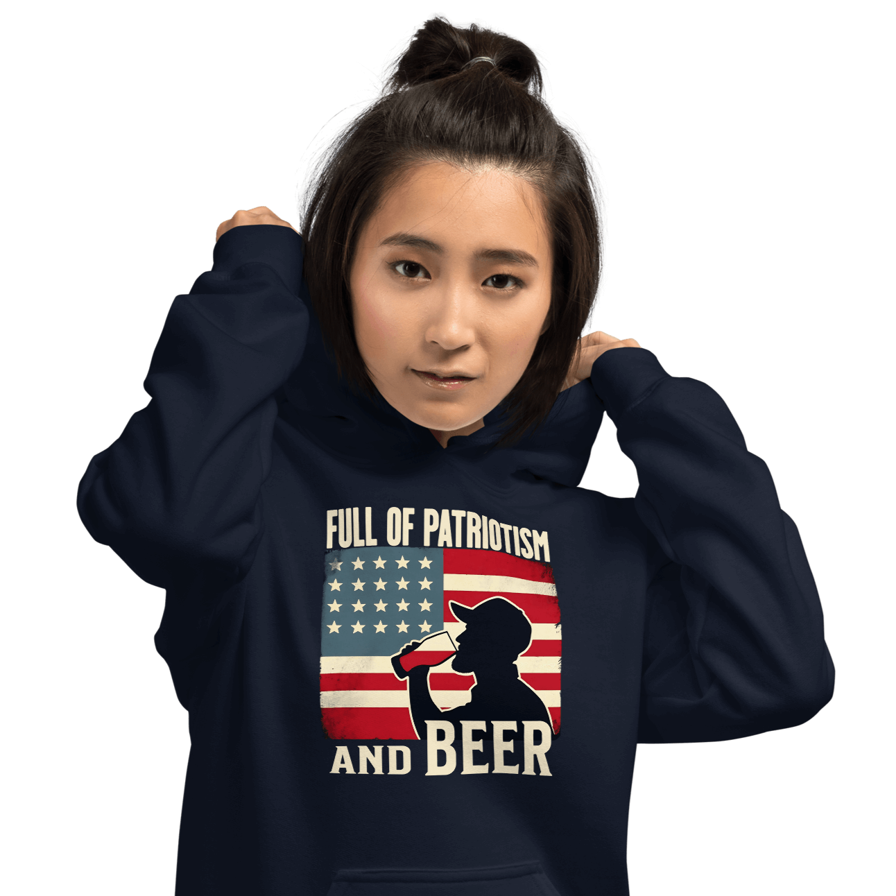 Hoodie with Full of Patriotism and Beer text and a distressed American flag background. Perfect for 4th of July.