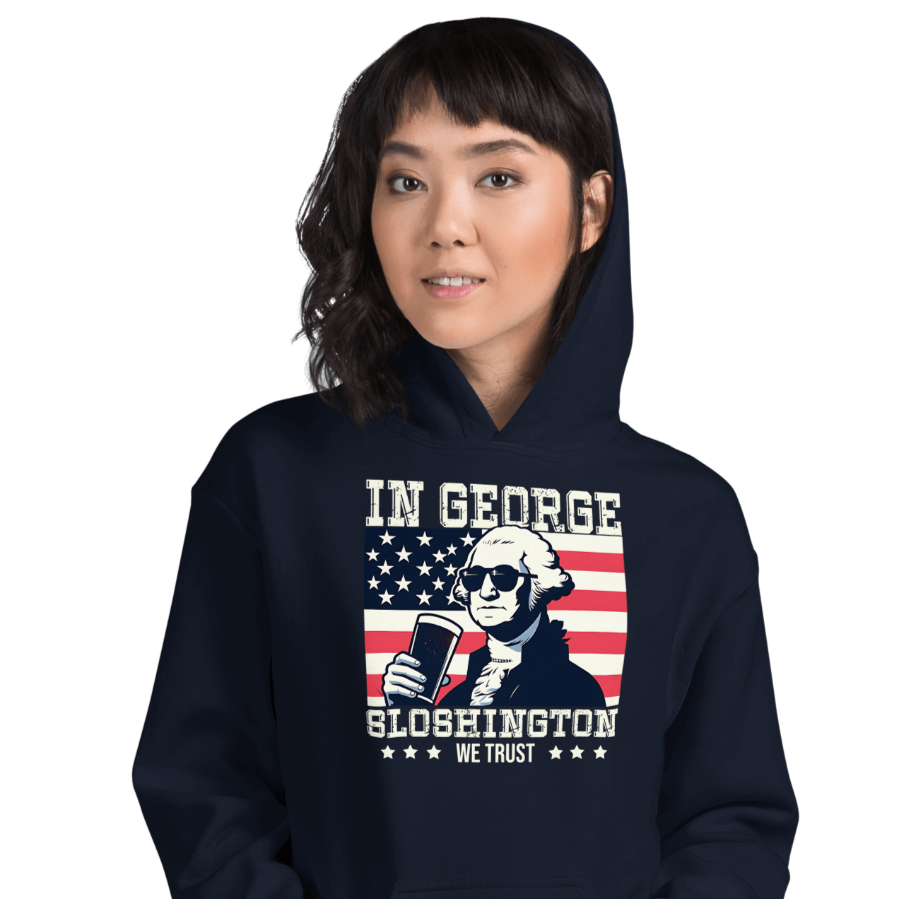 Celebrate 4th of July in style with the In George Sloshington We Trust hoodie. Perfect for festivities and casual outings with a patriotic and fun twist.