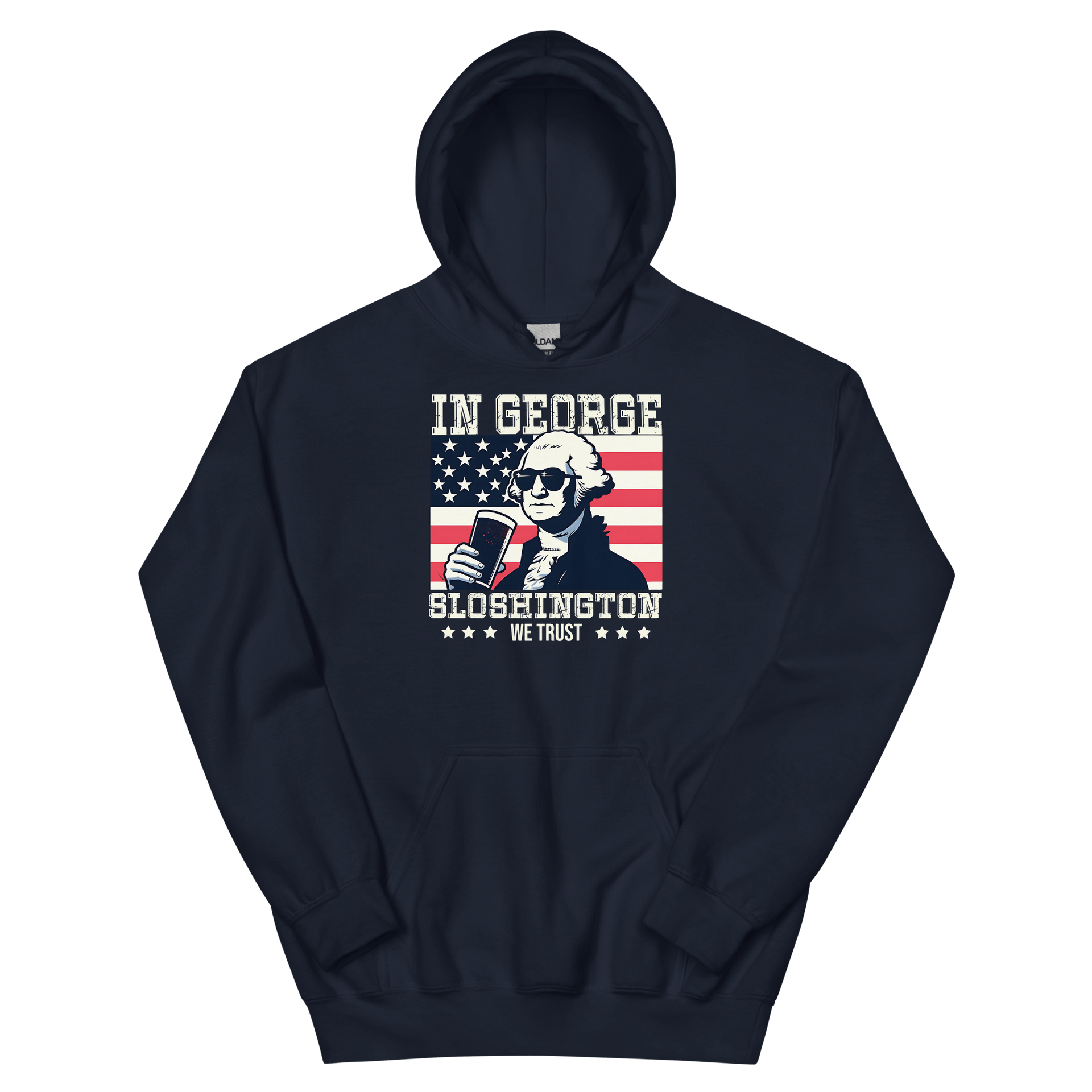 Celebrate 4th of July in style with the In George Sloshington We Trust hoodie. Perfect for festivities and casual outings with a patriotic and fun twist.