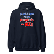 "I'm Just Here for the Fireworks and Beer Hoodie in navy blue, soft cozy fabric, perfect for cooler evenings"