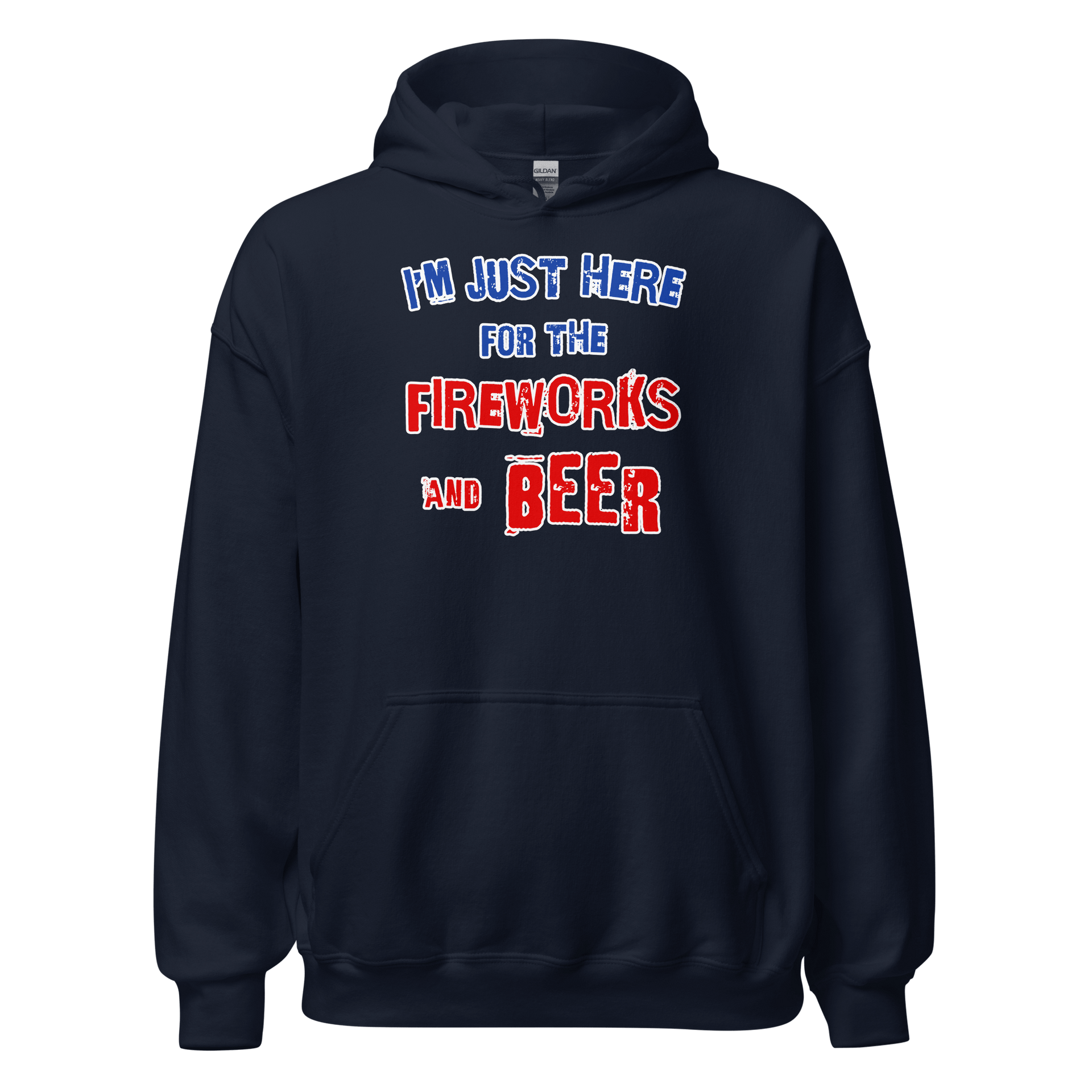 "I'm Just Here for the Fireworks and Beer Hoodie in navy blue, soft cozy fabric, perfect for cooler evenings"