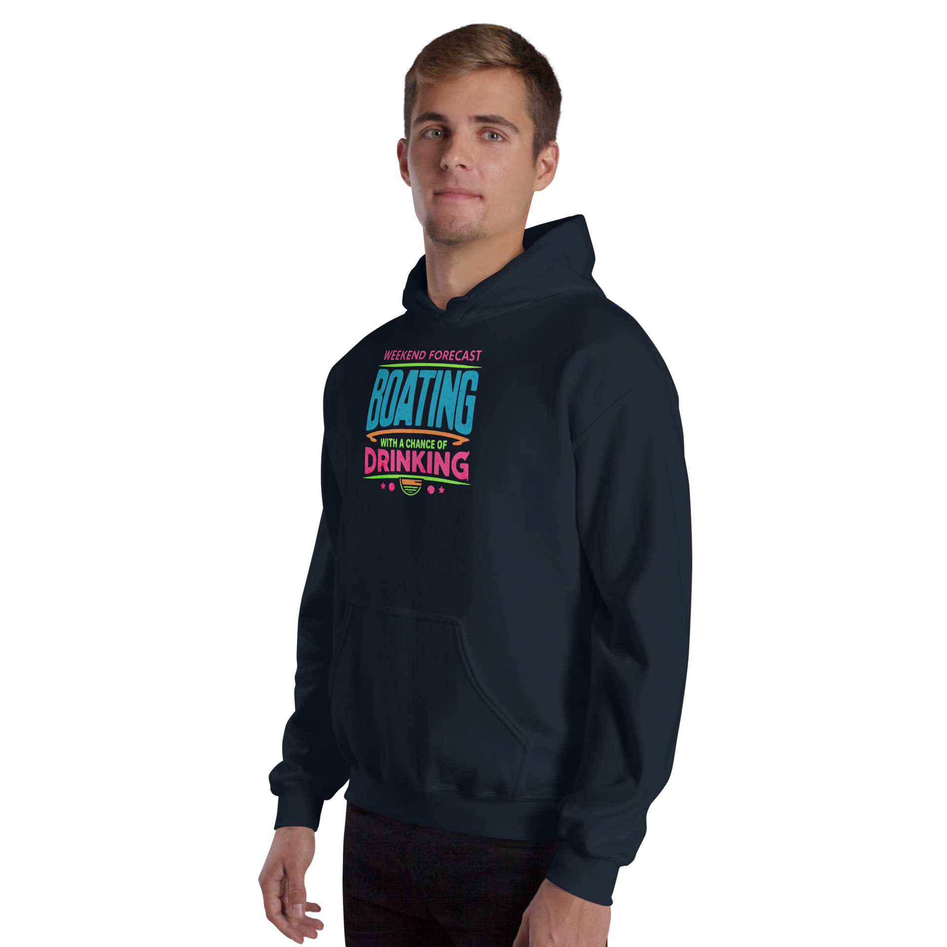 Cozy hoodie with "Weekend Forecast: Boating with a Chance of Drinking" in bright blue, pink, and green colors, perfect for chilly boating days.