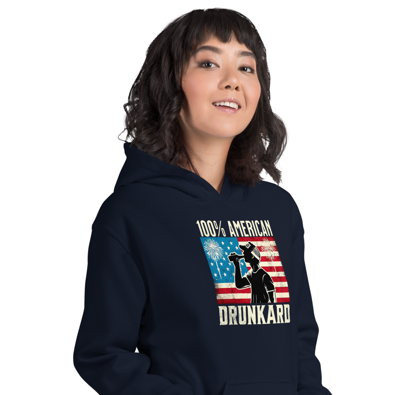 4th of July Hoodie with '100% American Drunkard' text, man drinking a bottle of beer wearing a trucker hat, and distressed American flag background