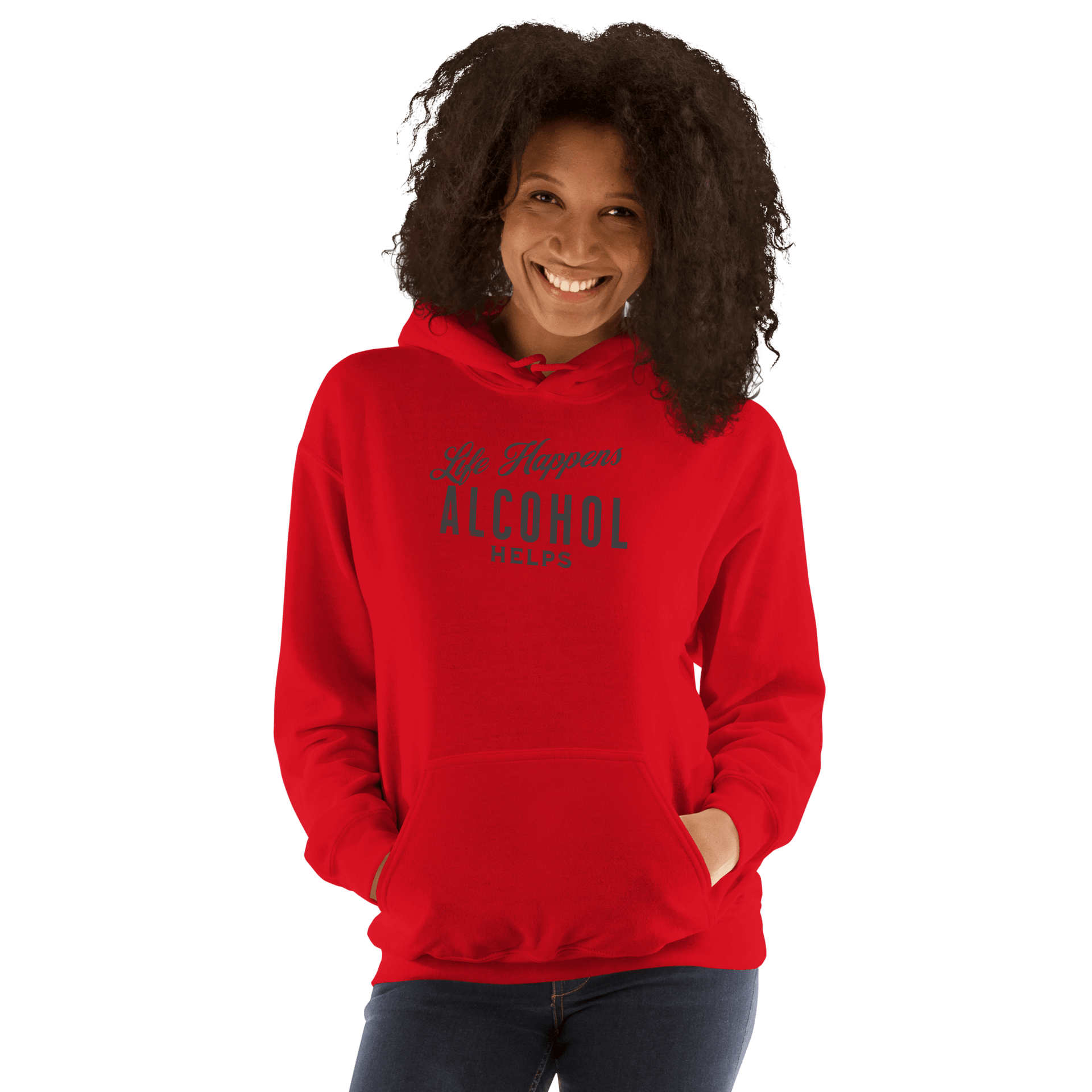 Life Happens Alcohol Helps Hoodie - Stay Cozy & Stylish Discover your new favorite hoodie - perfect for those cool evenings with a touch of humor. Soft, stylish, and humorously relatable.