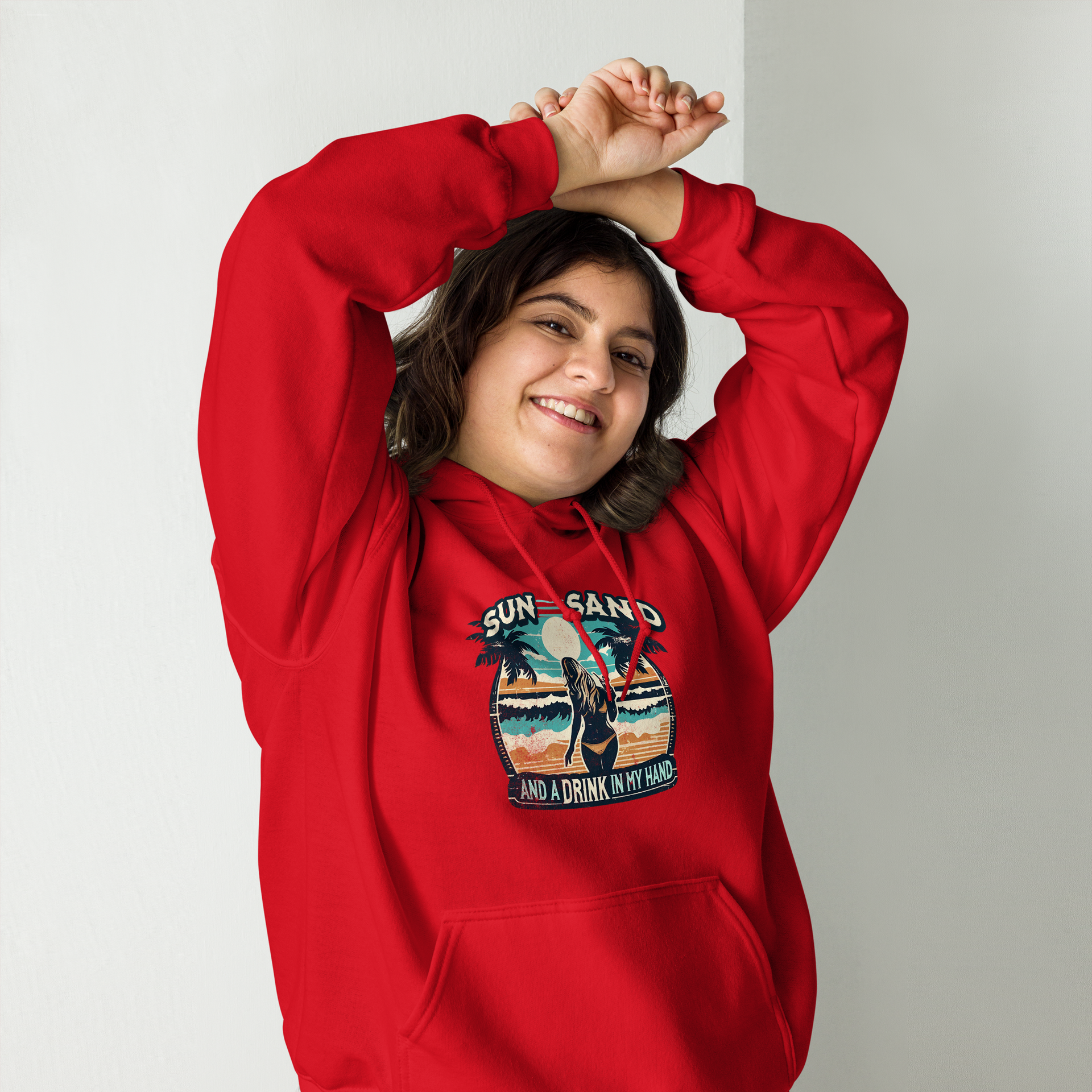 Woman enjoying a cocktail on the beach depicted on 'Sun, Sand, and a Drink in My Hand' hoodie.