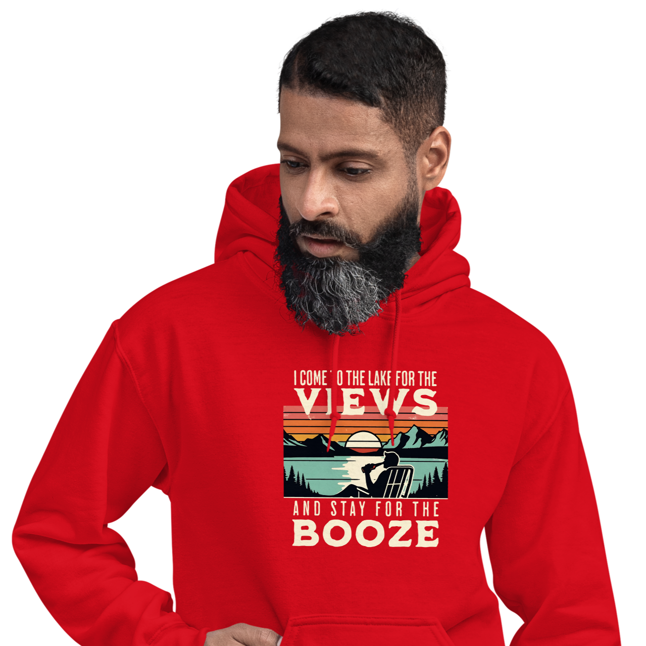 Hoodie featuring "I Come to the Lake for the Views and Stay for the Booze," with a man in a beach chair by the lake and a retro sunset.