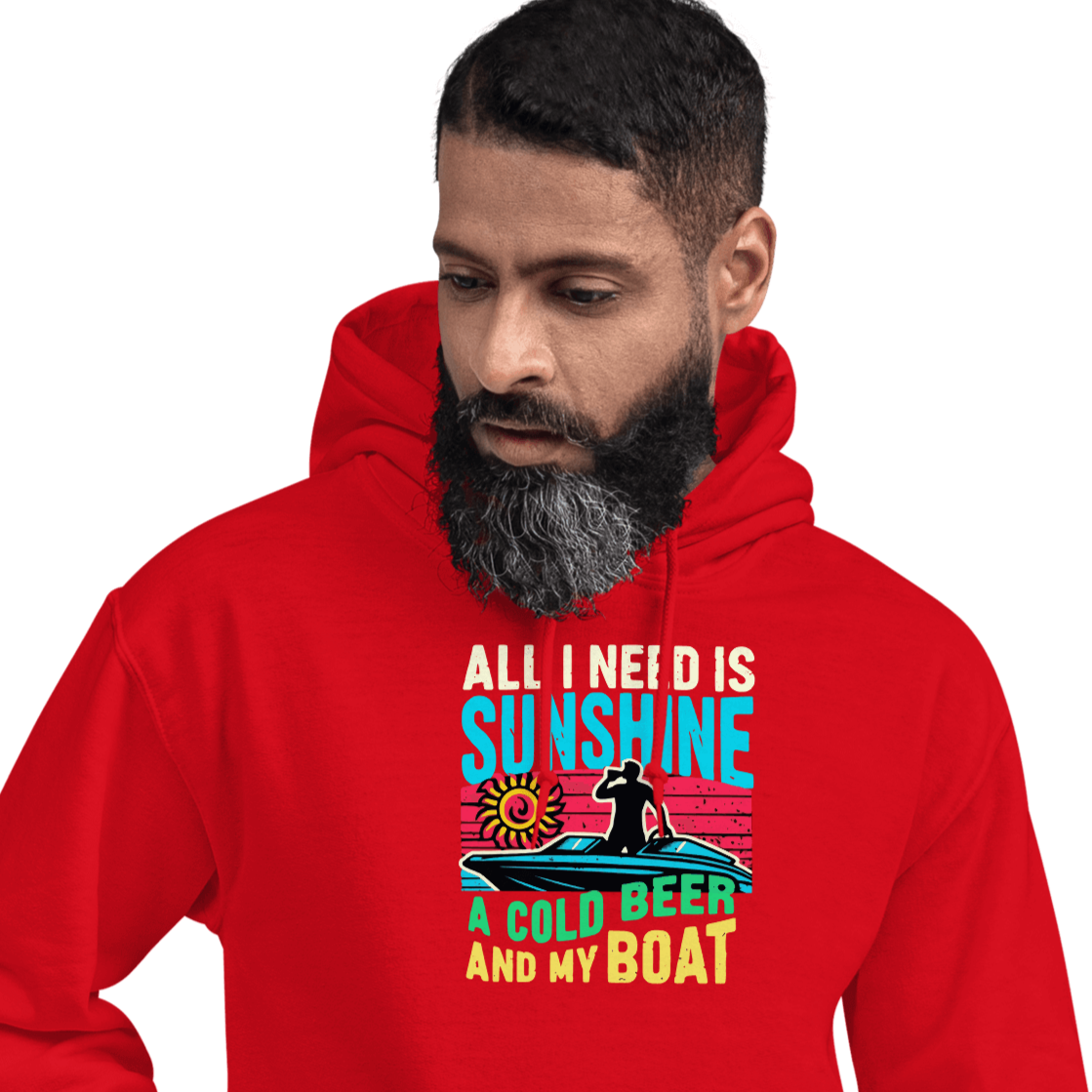 Hoodie with "All I Need Is Sunshine, a Cold Beer, and My Boat," showing a man in a boat during a retro sunset.