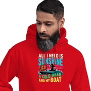 Hoodie with "All I Need Is Sunshine, a Cold Beer, and My Boat," showing a man in a boat during a retro sunset.