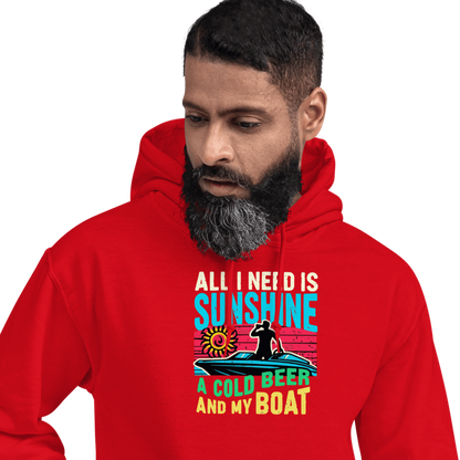 Hoodie with "All I Need Is Sunshine, a Cold Beer, and My Boat," showing a man in a boat during a retro sunset.