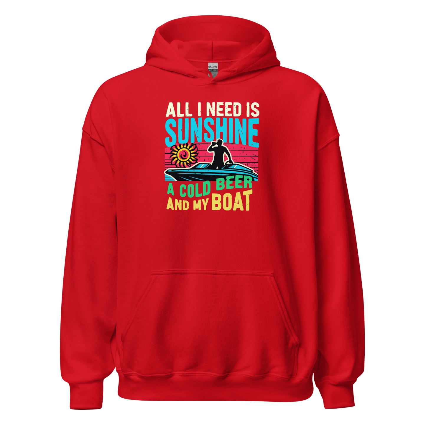 Hoodie with "All I Need Is Sunshine, a Cold Beer, and My Boat," showing a man in a boat during a retro sunset.