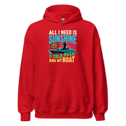 Hoodie with "All I Need Is Sunshine, a Cold Beer, and My Boat," showing a man in a boat during a retro sunset.