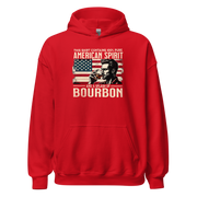 Hoodie with 'This Shirt Contains 100% American Spirit and a Splash of Bourbon' text, man drinking a glass of bourbon, and distressed American flag background