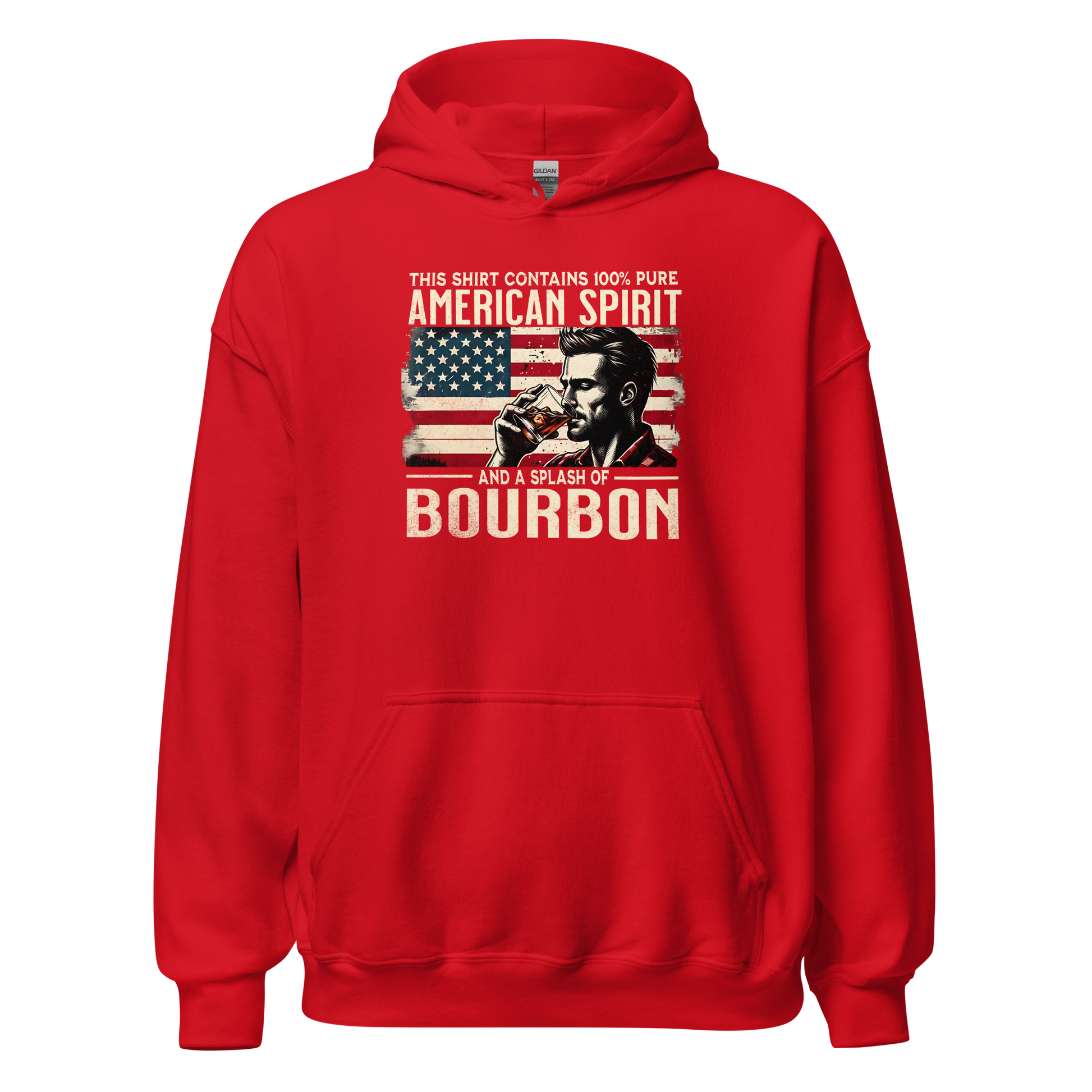 Hoodie with 'This Shirt Contains 100% American Spirit and a Splash of Bourbon' text, man drinking a glass of bourbon, and distressed American flag background