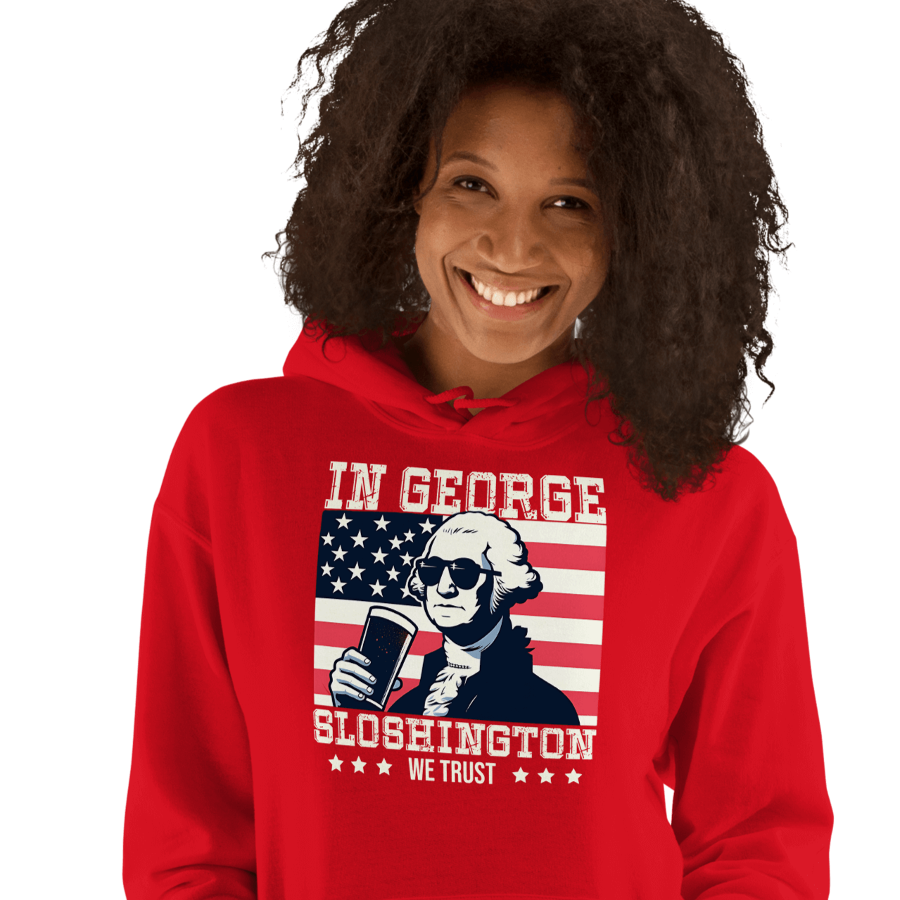 Celebrate 4th of July in style with the In George Sloshington We Trust hoodie. Perfect for festivities and casual outings with a patriotic and fun twist.