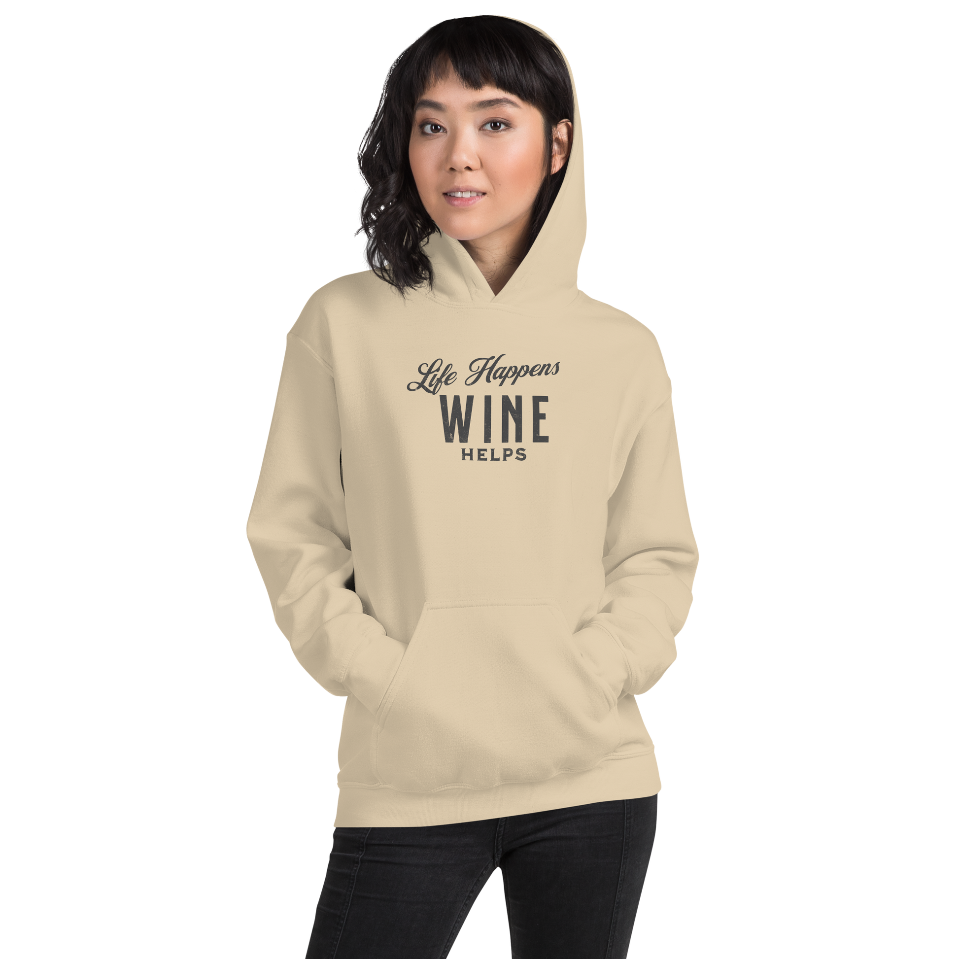 "Life Happens Wine Helps Hoodie - Cozy & Stylish""Find comfort & style in our 'Life Happens Wine Helps' Hoodie. Perfect for cooler evenings with a soft, smooth blend. Catch laughs & cozy vibes."