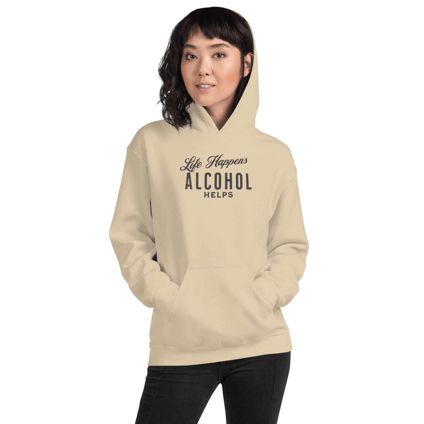 Life Happens Alcohol Helps Hoodie - Stay Cozy & Stylish Discover your new favorite hoodie - perfect for those cool evenings with a touch of humor. Soft, stylish, and humorously relatable.