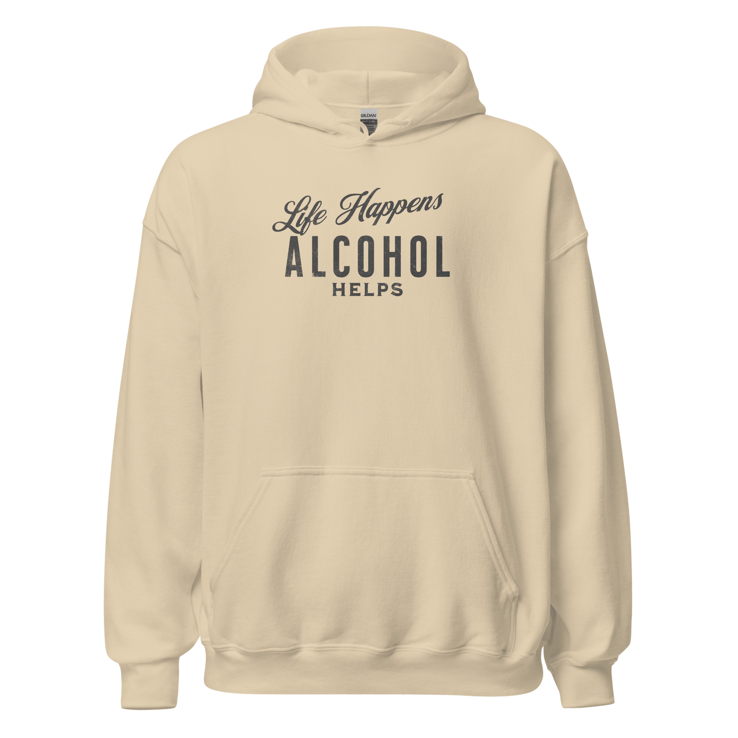 Life Happens Alcohol Helps Hoodie - Stay Cozy & Stylish Discover your new favorite hoodie - perfect for those cool evenings with a touch of humor. Soft, stylish, and humorously relatable.