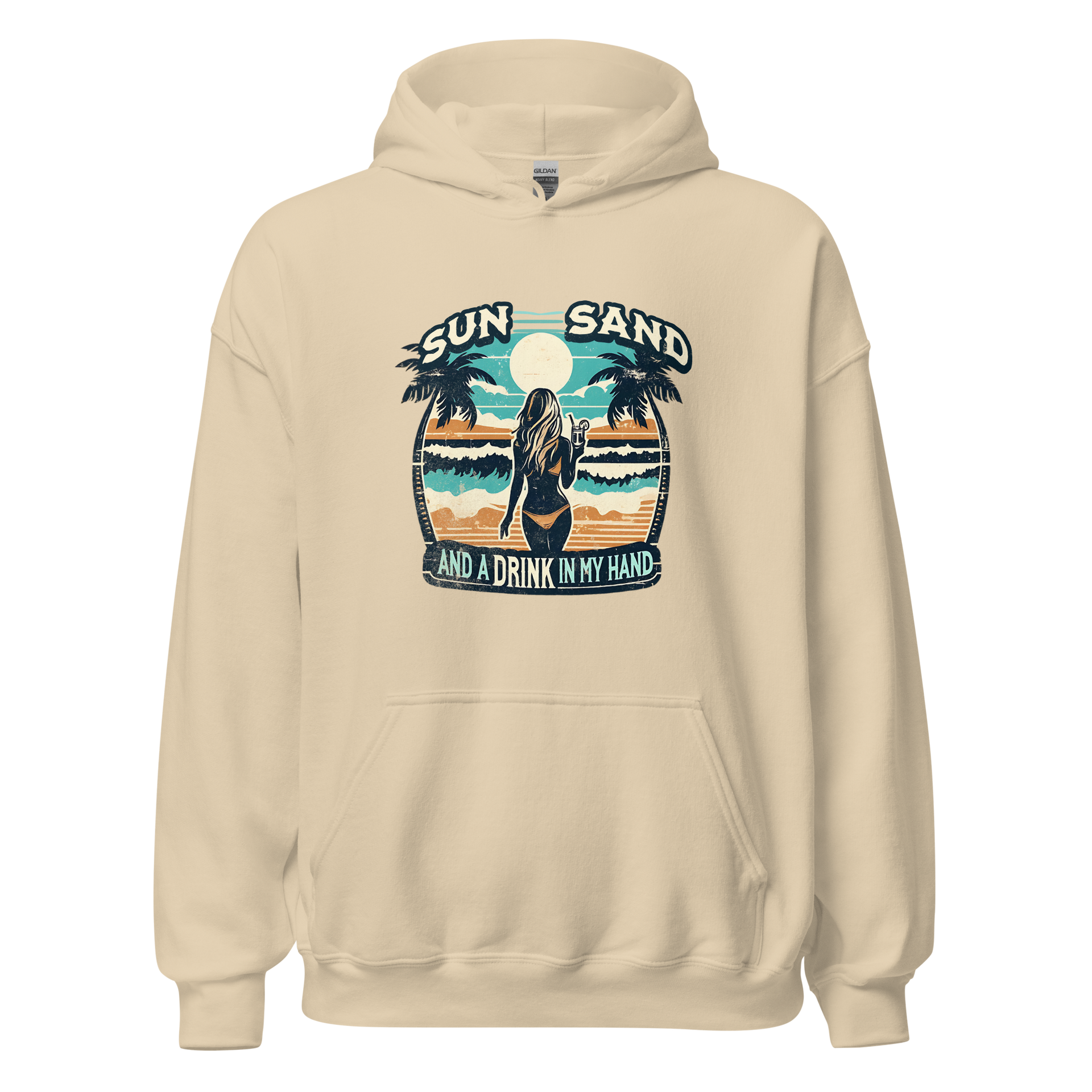 Woman enjoying a cocktail on the beach depicted on 'Sun, Sand, and a Drink in My Hand' hoodie.