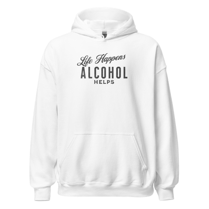 Life Happens Alcohol Helps Hoodie - Stay Cozy & Stylish Discover your new favorite hoodie - perfect for those cool evenings with a touch of humor. Soft, stylish, and humorously relatable.