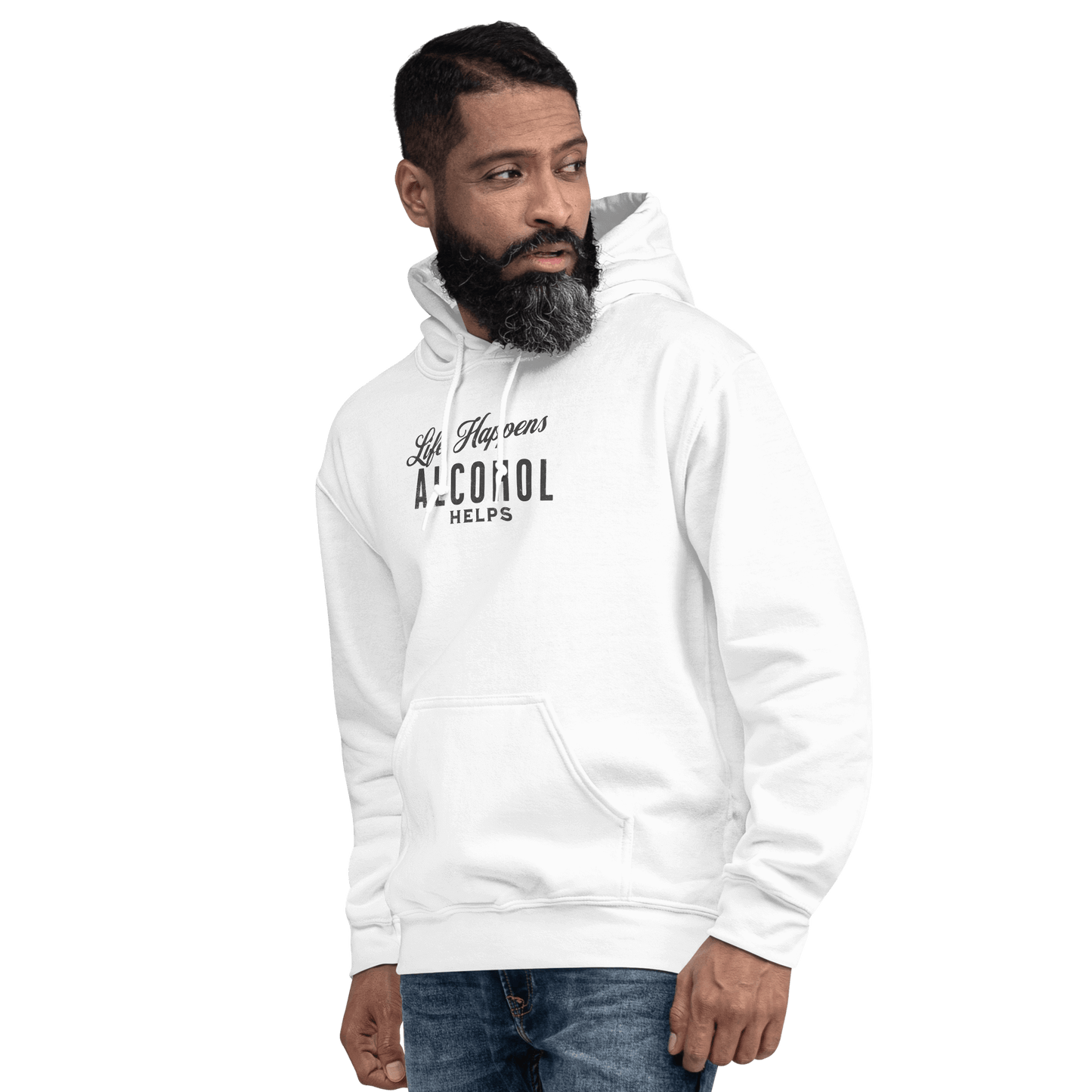 Life Happens Alcohol Helps Hoodie - Stay Cozy & Stylish Discover your new favorite hoodie - perfect for those cool evenings with a touch of humor. Soft, stylish, and humorously relatable.