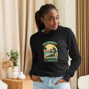 Lightweight 'Tanned and Tipsy' hoodie featuring a retro beach cocktail design, perfect for cooler summer evenings and stylish beach parties.