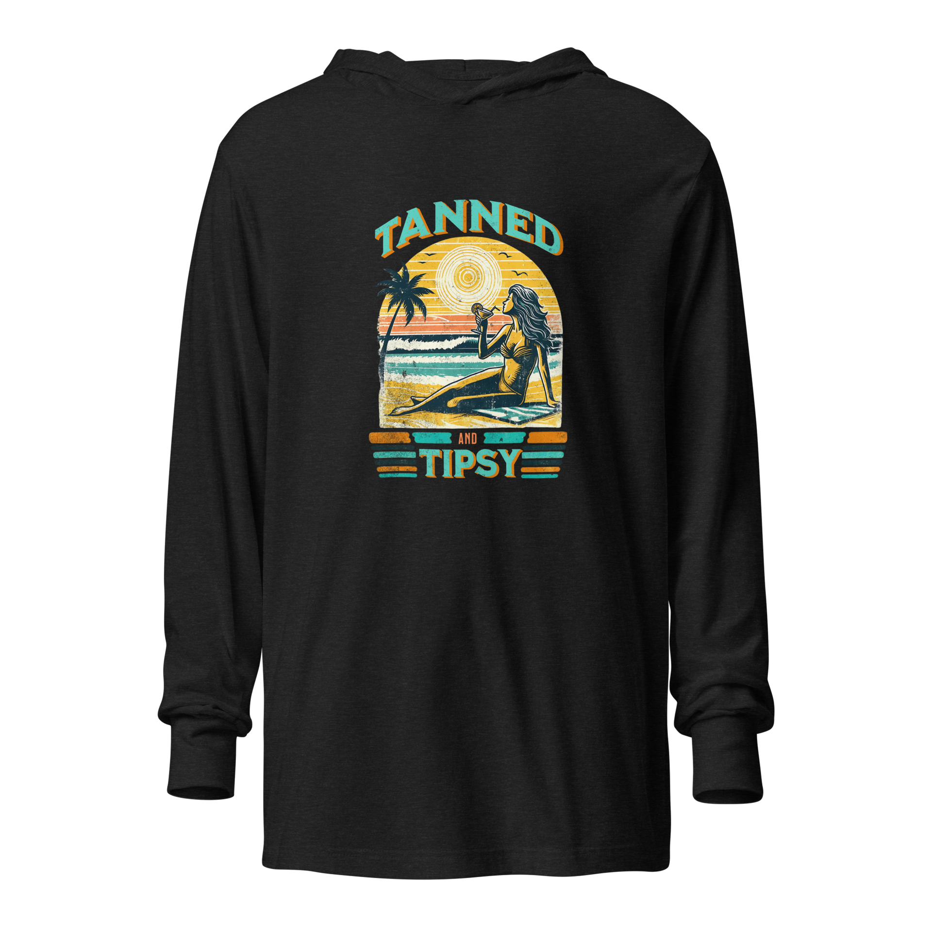 Lightweight 'Tanned and Tipsy' hoodie featuring a retro beach cocktail design, perfect for cooler summer evenings and stylish beach parties.