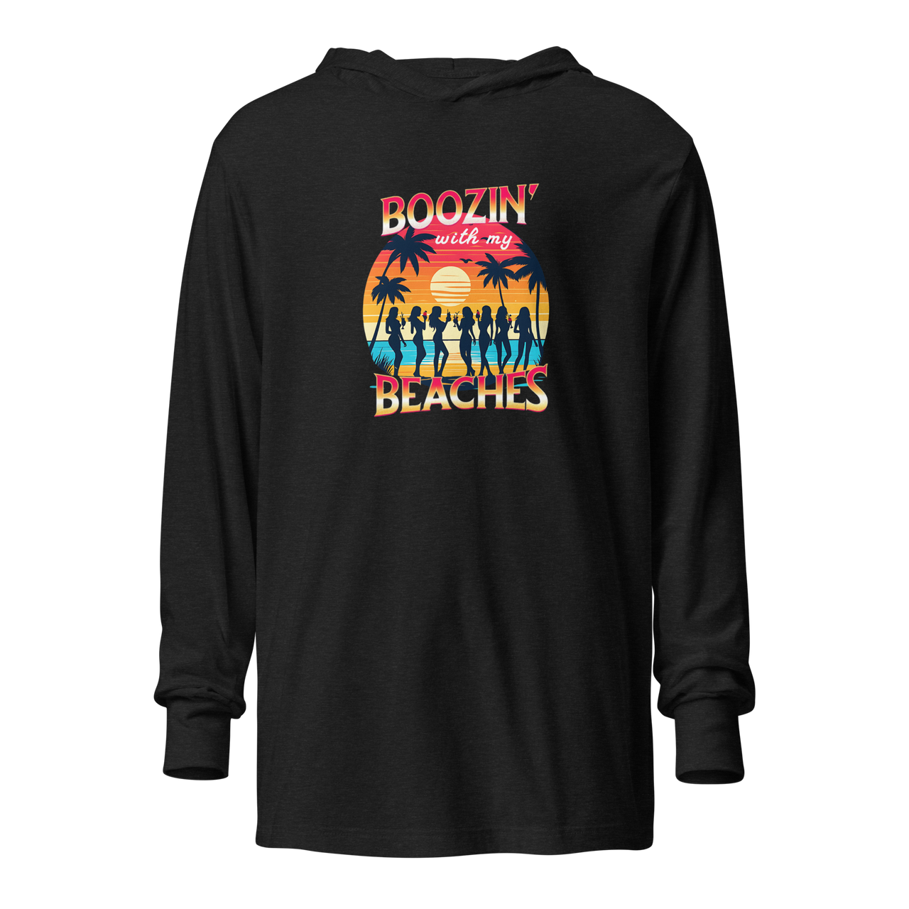 Cozy up in our 'Boozin' with My Beaches' Hoodie, perfect for beach evenings. Retro sunset and cocktails design.