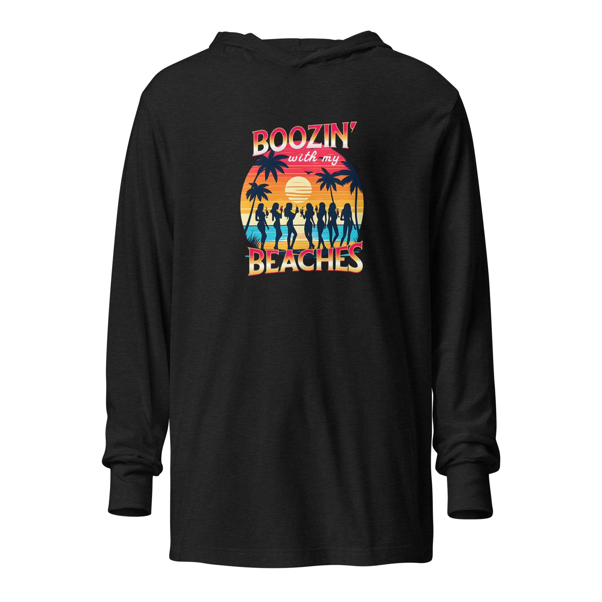 Cozy up in our 'Boozin' with My Beaches' Hoodie, perfect for beach evenings. Retro sunset and cocktails design.