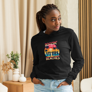 Cozy up in our 'Boozin' with My Beaches' Hoodie, perfect for beach evenings. Retro sunset and cocktails design.